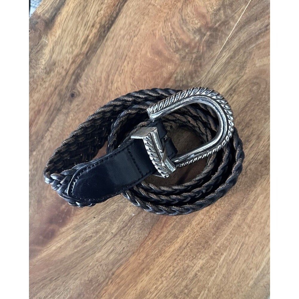 VTG Leather Shop Belt Womens L Woven Black Covered Buckle Safari Boho